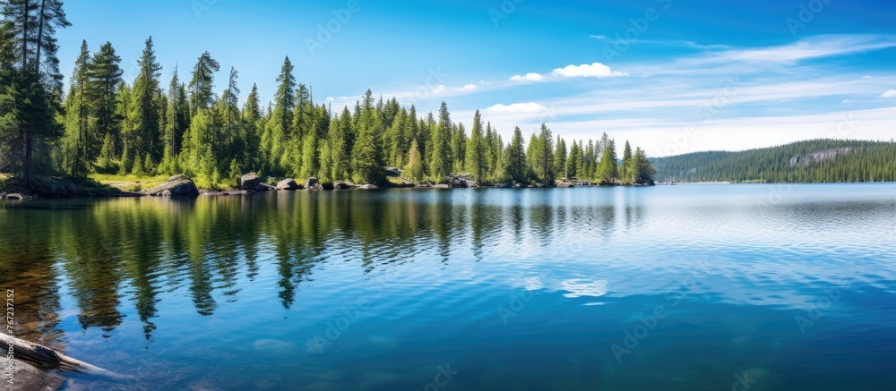 Sticker A serene lake with scattered trees in the background