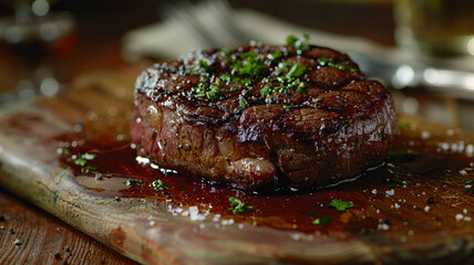 A cooked steak on a wooden board