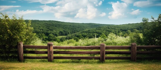 Fototapeta premium A fence in a rural field with a distant mountain view