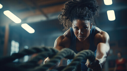 Front view of a muscular African American woman doing battle rope workout in the gym. - obrazy, fototapety, plakaty