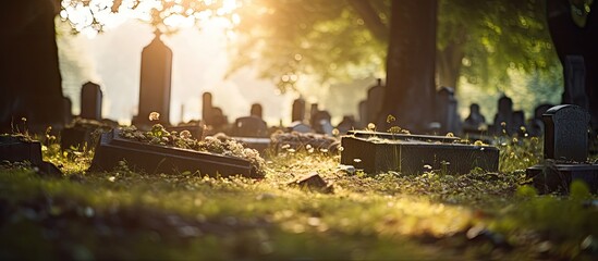 View of graveyard surrounded by numerous markers and lush trees