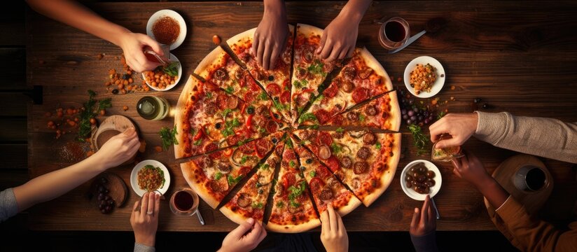 People gathered around a table sharing pizza and food bowls - Powered by Adobe