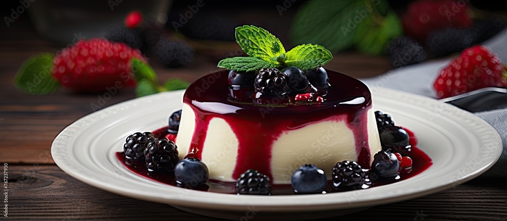 Sticker A dessert with berries and cream on a plate