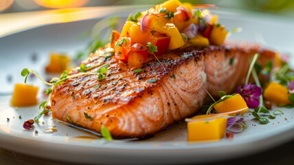 Grilled salmon fillet with mango salsa on plate