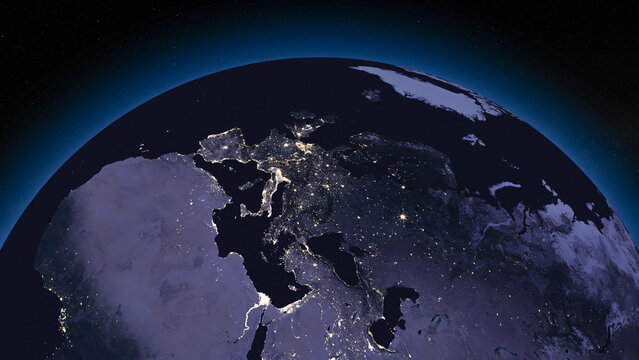Earth globe by night focused on Europe. Dark side of Earth with illuminated cities and stars of universe on background. 3D illustration. Elements of this image furnished by NASA