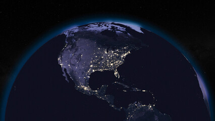 Fototapeta na wymiar Earth globe by night focused on United States of America and Canada. Dark side of Earth with illuminated cities and stars of universe on background. Elements of this image furnished by NASA