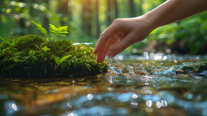 Person touching water in a forest stream