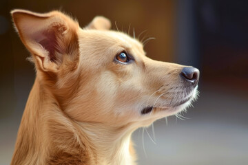 A close-up of a fawn-colored dog with whiskers and eyes looking up at the sky. - obrazy, fototapety, plakaty
