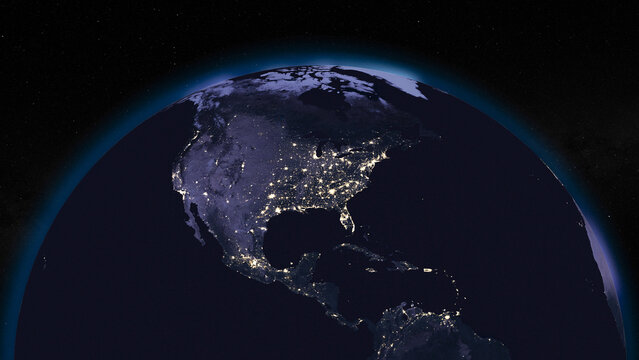 Earth globe by night focused on United States of America and Canada. Dark side of Earth with illuminated cities and stars of universe on background. Elements of this image furnished by NASA