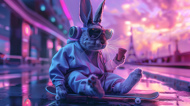 cool rabbit on skateboard