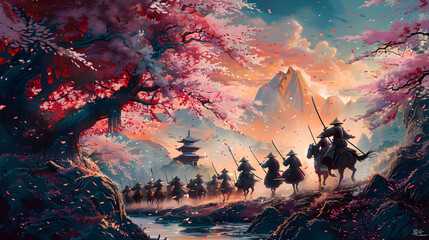 Obraz premium Samurai Warriors Riding Through Blossom-Filled Valley