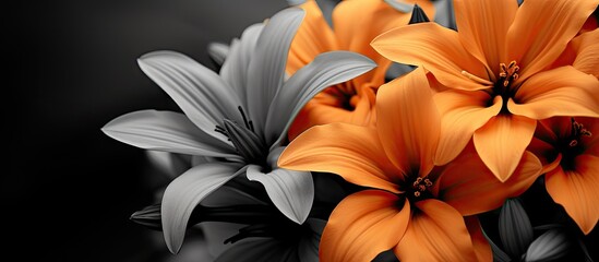 Many orange flowers in vase on black backdrop