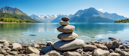 A stack of rocks on a rocky beach by a lake