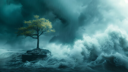 Tree amidst stormy sea.