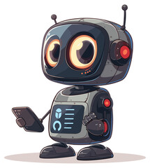 Android with phone. Robot chatting, cartoon chatbot service character, helpful mobile bot isolated, communication intelligence virtual face