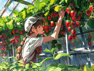 A woman is picking strawberries in a greenhouse. The strawberries are ripe and ready to be picked. The woman is wearing a hat and apron, and she is reaching for the strawberries. The scene is peaceful