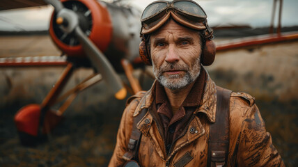 Obraz premium Mature pilot in front of a plane.