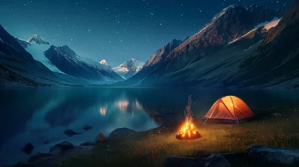 Fotobehang Mountain lakeshore camping under a star-filled sky © grape_vein