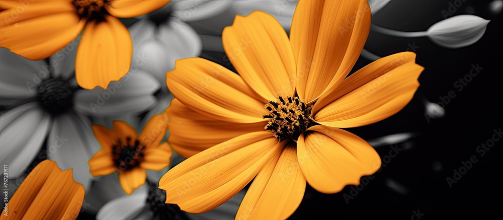 Wall mural Yellow and white flowers against black backdrop