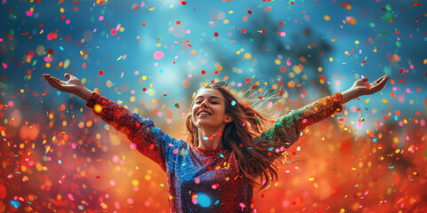 Joy radiates from a woman as she throws her arms open, welcoming a shower of colorful confetti, capturing the essence of celebration and the spirit of festivity.