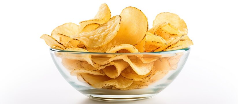 A large bowl of crispy chips on a plain background