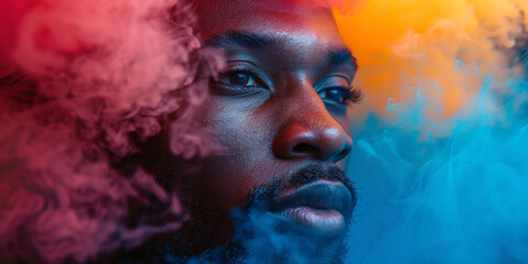 Creative close up portrait of a black man with his face poking out of pink orange and blue smoke
