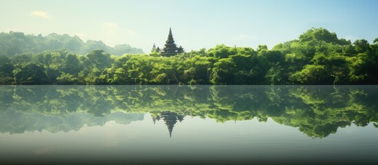 Obraz premium Trees and pagoda reflected in lake water