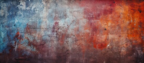 A close-up of a painting showing a red and blue wall