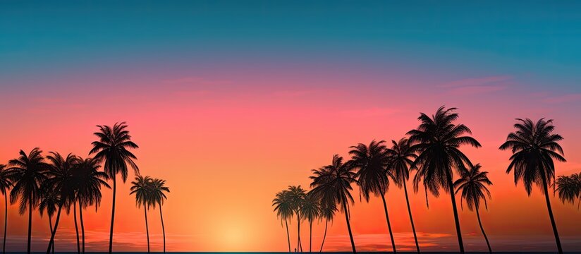 Palm trees silhouette against ocean sunset