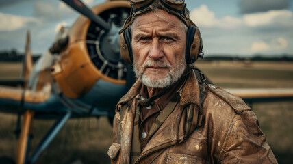 Senior male pilot in front of a vintage airplane.