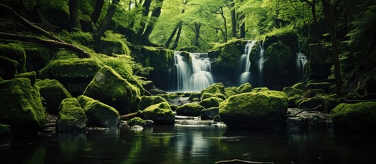 A serene waterfall in a lush forest surrounded by mossy rocks - Powered by Adobe