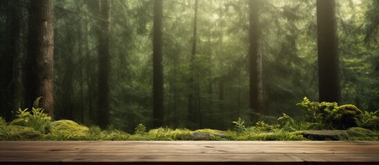 Wooden table amidst lush forest covered in moss