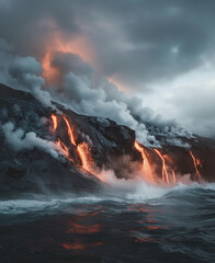 a photo of a volcano on the sea covered in steam and mist as lava pours into the ocean