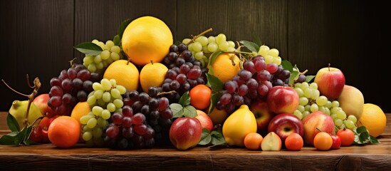 A close up of a pile of fruit on a wooden table