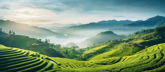 Green tea plantation on misty mountain