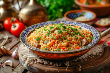 Savory pilaf dish garnished with herbs, presented on a rustic table setting.