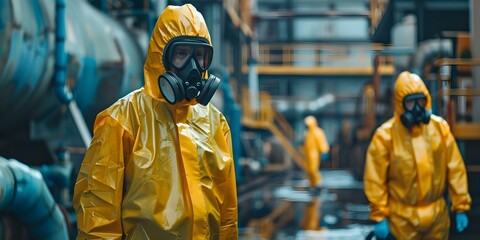 Workers in protective gear handling hazardous materials for production ensuring safety in the workplace. Concept Protective Gear, Hazardous Materials, Production Safety, Workplace Safety - obrazy, fototapety, plakaty