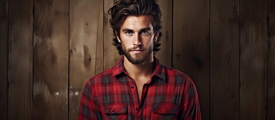 Man with beard in plaid shirt by wooden wall - obrazy, fototapety, plakaty