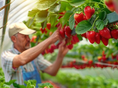 A man is picking strawberries from a plant. The strawberries are ripe and ready to be picked. The man is wearing a hat and apron