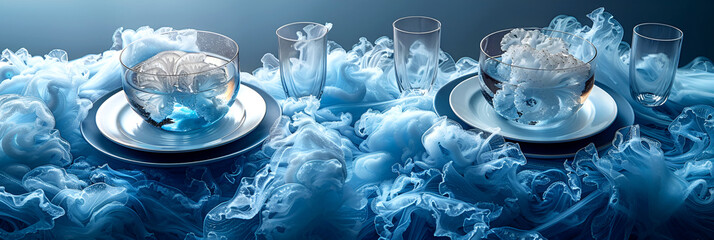 Jellyfish aesthetics - jelly, smoothness and volume of forms in table setting. Blue and light blue shades in the interior. Banner.