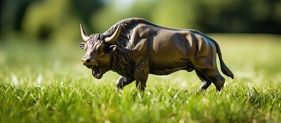 Bronze buffalo statue in a field