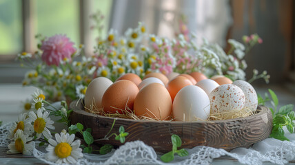 Eggs in a basket with spring flowers.