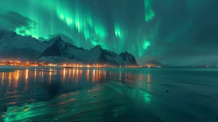 Aurora borealis over the sea, snowy mountains and city lights at night. Northern lights in Lofoten islands, Norway. Starry sky with polar lights. Winter landscape with aurora, reflection, Ai Generated - obrazy, fototapety, plakaty