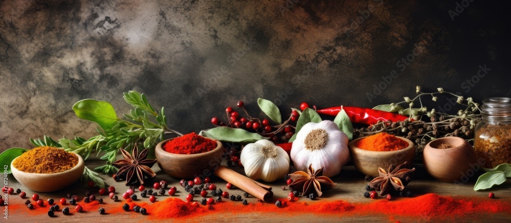 Wall mural A table covered in assorted herbs and spices