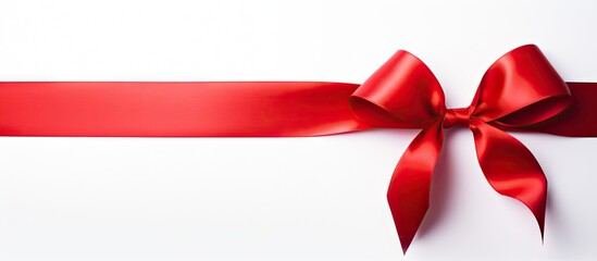 A red ribbon with a bow on a plain background