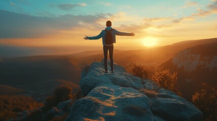 Man with arms wide open facing sunrise