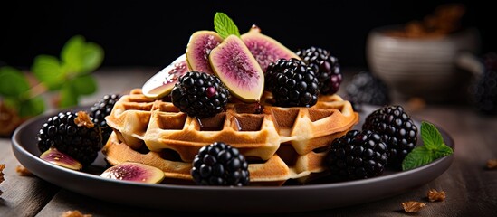 A close-up of a waffle with figs and blackberries on a plate