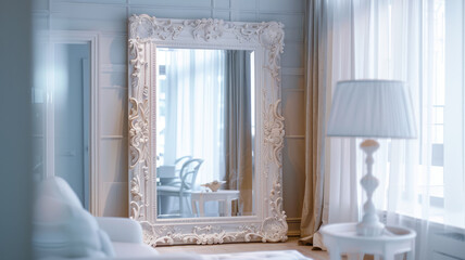 Elegant white bedroom with ornate mirror.