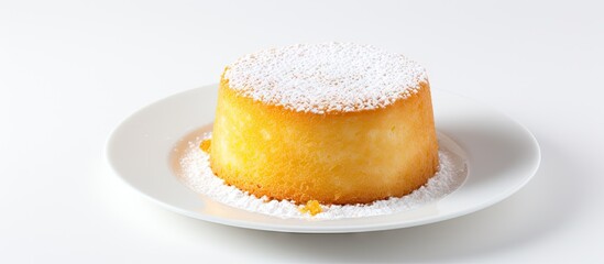 A small cake on a plate with powdered sugar