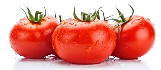 Fresh red tomatoes covered in water drops on a white surface